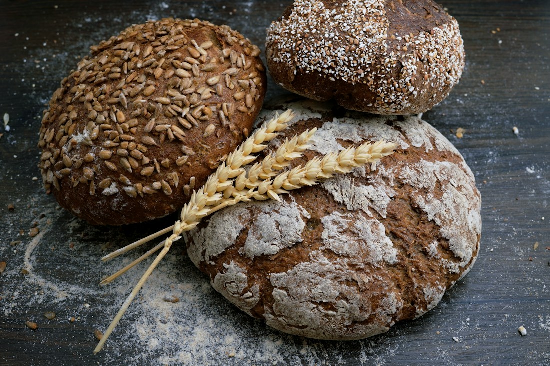 Bread loaves displayed at a bakery